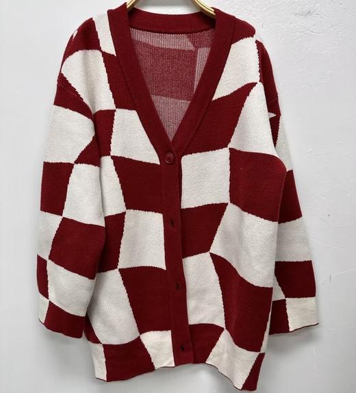 212 WS拼色格子V领毛织开衫30904（红） 秋季 312023032105 商品图0