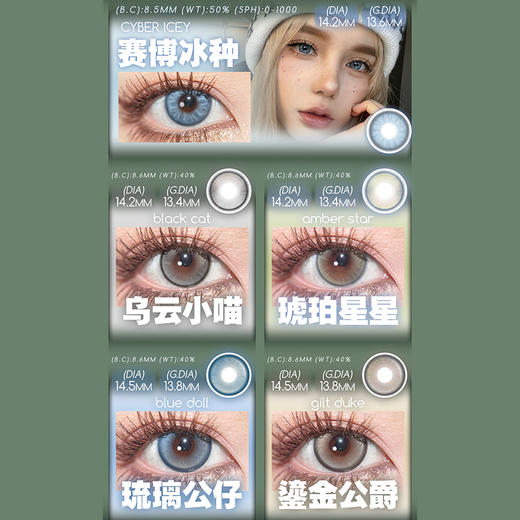 【活动】ANNIEONE日抛 新品 朋克樱桃 爆款 绿蛛/银蛛/纳米比亚棕/琉璃公仔/鎏金公爵/琥珀星星/乌云小喵/赛博冰种/梦境玩家/闪光粒子 COS显色推荐 混血虹膜 中大直径美瞳 小红书热门款式 商品图2