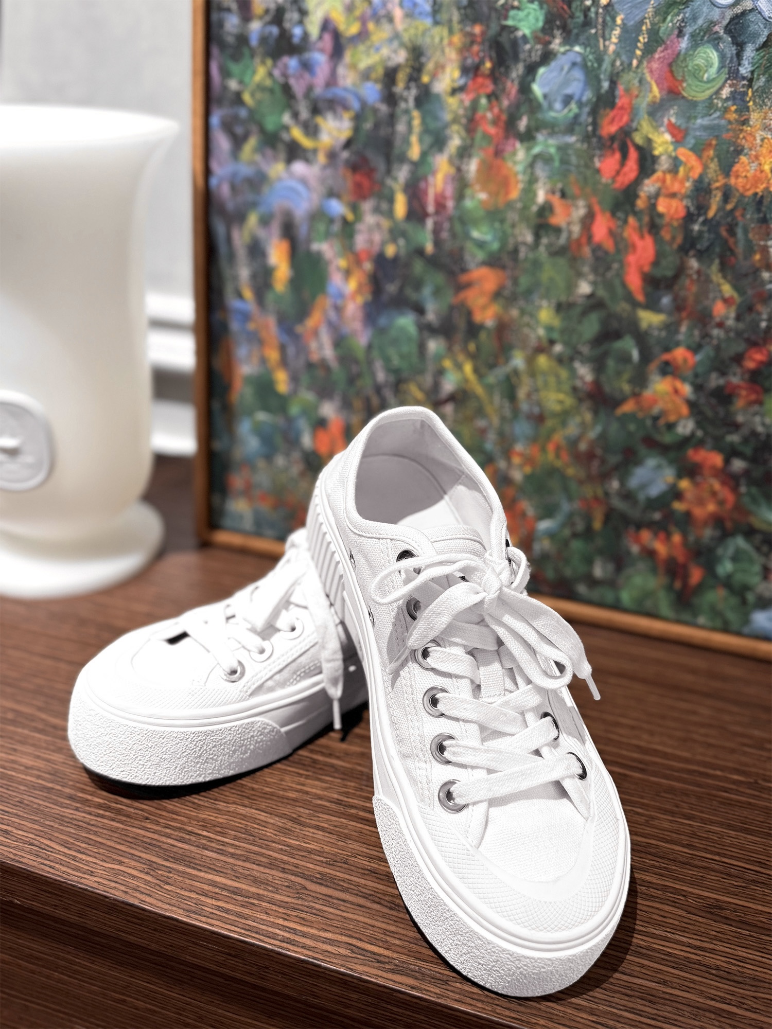 （内里小羊皮老板定制款小白鞋 ）火桐hooton 厚底饼干帆布鞋 跟高3.5cm  HT1101