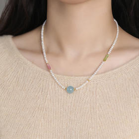 「蜜糖白桃」天然淡水珍珠海蓝宝碧玺项链