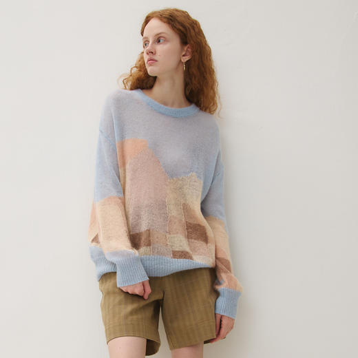 谜底套头针织衫女2025秋新品文艺风几何提花保暖大廓形253MZ1326 商品图2