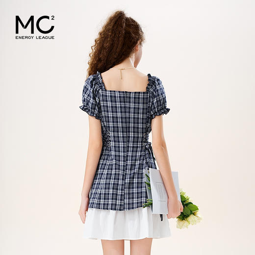 mc2女装方领腰节绑带格子拼接连衣裙夏季新款小个子时尚收腰好看 商品图3