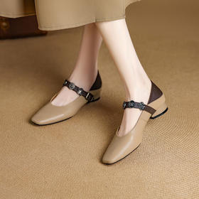 【预售5天】法式浅口一字带粗跟单鞋女夏季新款百搭软底玛丽珍鞋拼色NJMK&K1695