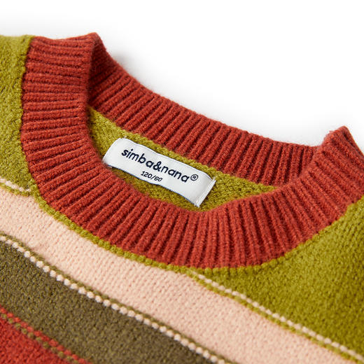 【辛巴娜娜】simbanana撞色条纹圆领毛衣女孩秋季复古休闲慵懒风打底针织衫上衣 商品图2