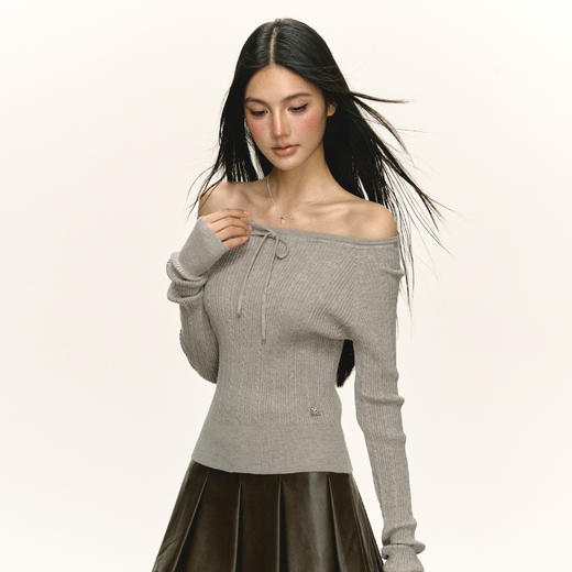 Ariseism 美式复古设计感一字肩毛衣女秋季新款上衣 商品图2