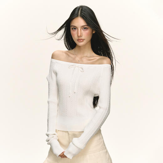 Ariseism 美式复古设计感一字肩毛衣女秋季新款上衣 商品图0