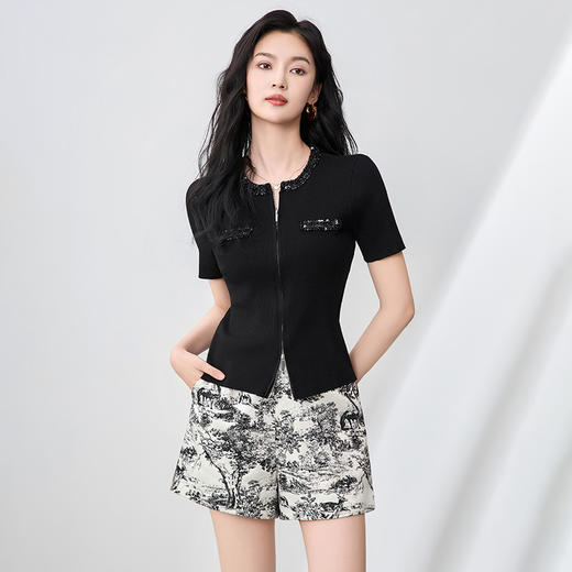 「高货wl」全新升级【铂金会员220/天猫289/差价69】(85259)洛诗琳重工圆领钉珠开衫2025夏季气质天丝短袖针织上衣 商品图2