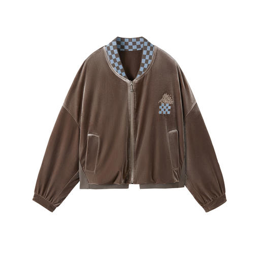 谜底短外套长袖女2025秋新品休闲棋盘格衣领丝绒棒球服253MW1106 商品图4