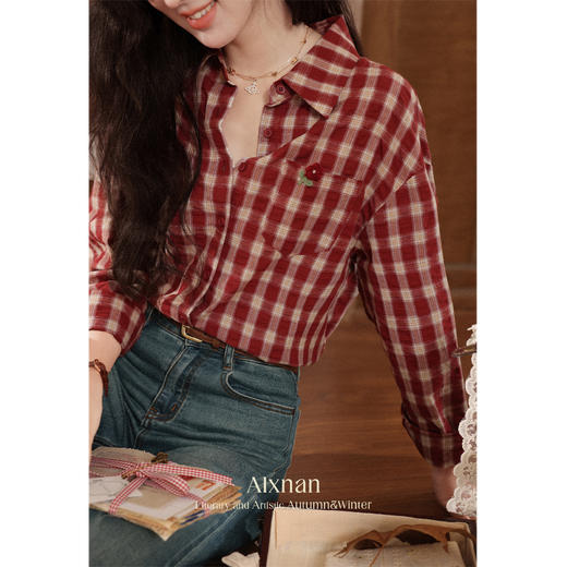 【6折秒杀】鹿向南「百丽甜酒」红色格子防晒外搭衬衫女初秋薄款长袖外套上衣 商品图3