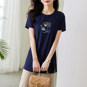 【专属特价】熙世界夏新款时尚休闲刺绣T恤女长袖宽松开叉圆领棉质上衣