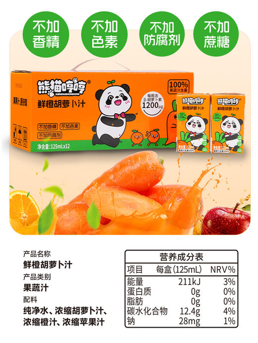 熊猫哼哼胡萝卜汁125ml*12瓶 礼盒装 叶黄素儿童果汁饮品无添加 商品图3
