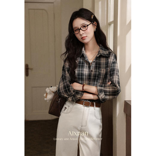 【6折秒杀】鹿向南「松茶可可」咖色格纹防晒衬衫女秋季新款高级法式长袖衬衣L56707 商品图4