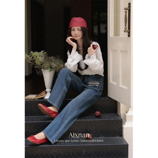 鹿向南「阿莫蓝调」蓝色复古高腰牛仔裤女秋修身显瘦直筒阔腿长裤 商品图1