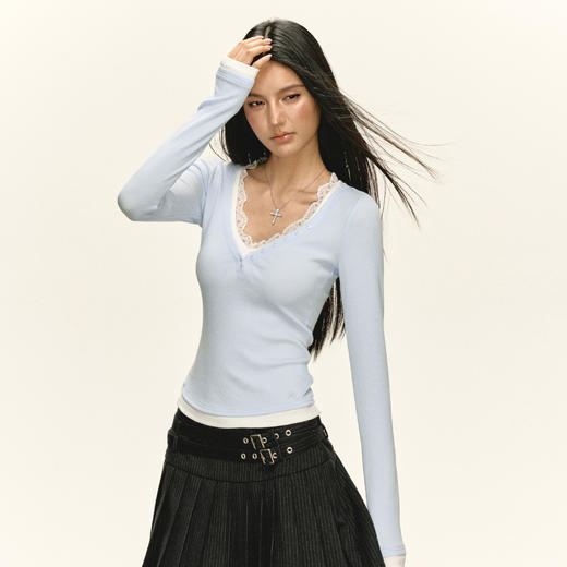 Ariseism 美式复古拼接蕾丝花边长袖T恤女秋季新款修身上衣 商品图1