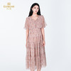 乔万尼粉色大马士革纹碎花100%乔其V领收腰连衣裙ED2E528 商品缩略图1