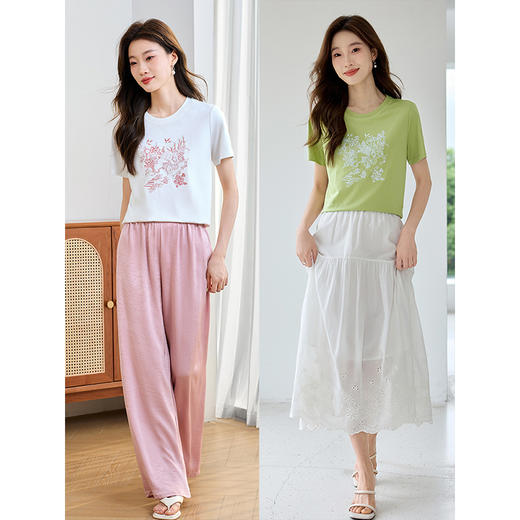 【专属特价】熙世界25年夏新款国风刺绣T恤短袖正肩小个子圆领宽松气质上衣 商品图2