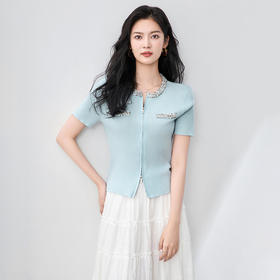 「高货wl」全新升级【铂金会员220/天猫289/差价69】(85259)洛诗琳重工圆领钉珠开衫2025夏季气质天丝短袖针织上衣