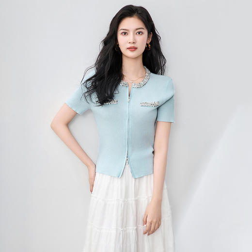 「高货wl」全新升级【铂金会员220/天猫289/差价69】(85259)洛诗琳重工圆领钉珠开衫2025夏季气质天丝短袖针织上衣 商品图0
