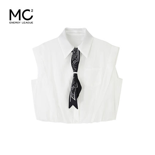 mc2白色翻领无袖衬衣女装夏季新款下摆抽皱时尚洋气设计感赠丝巾 商品图4