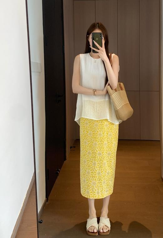 明媚浪漫100%棉花朵刺绣镂空直筒后松紧腰显瘦半裙 商品图5