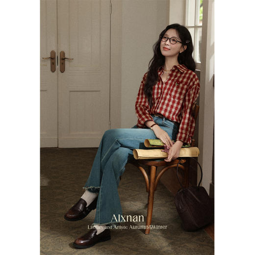 【65折秒杀】鹿向南「风拾温柔」蓝色微喇裤女早秋修身高腰显瘦毛边拖地牛仔裤L56703 商品图2