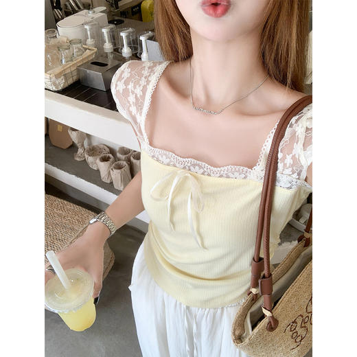 <曾小咸推荐>蕾丝拼接短袖T恤女夏季收腰 商品图1