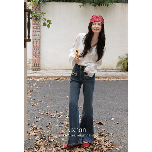 鹿向南「阿莫蓝调」蓝色复古高腰牛仔裤女秋修身显瘦直筒阔腿长裤 商品图3