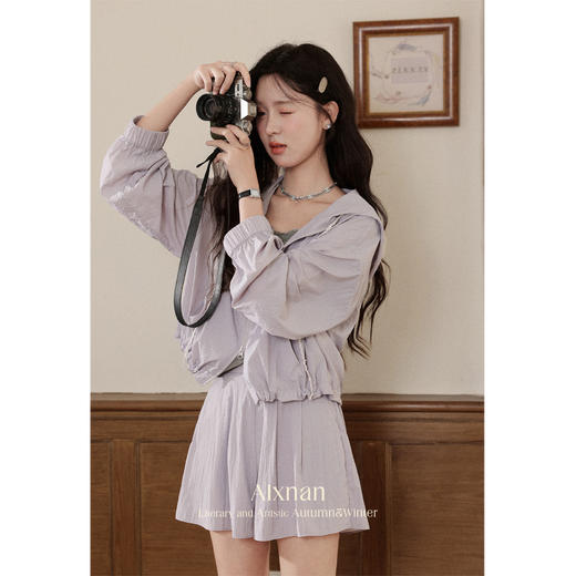 鹿向南「星河遐想」紫色连帽长袖短外套短裤灰色背心秋新款套装女L56706DK+L56706 商品图2