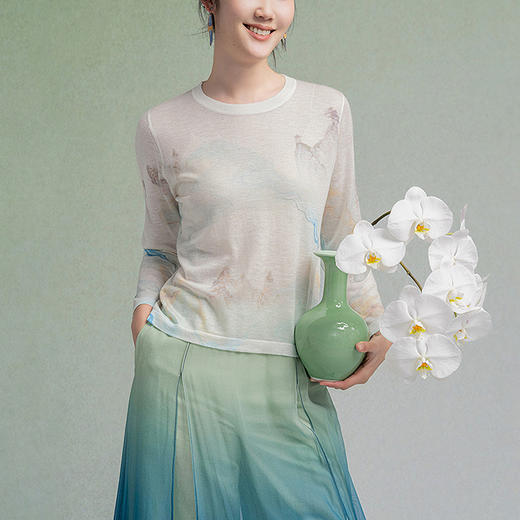 【林栖设计小店】蝴蝶水墨油画羊毛衣印花油画衫套头透气2025秋冬新款T恤短袖打底女G1954108 商品图0