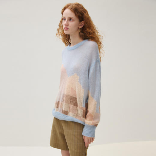 谜底套头针织衫女2025秋新品文艺风几何提花保暖大廓形253MZ1326 商品图1