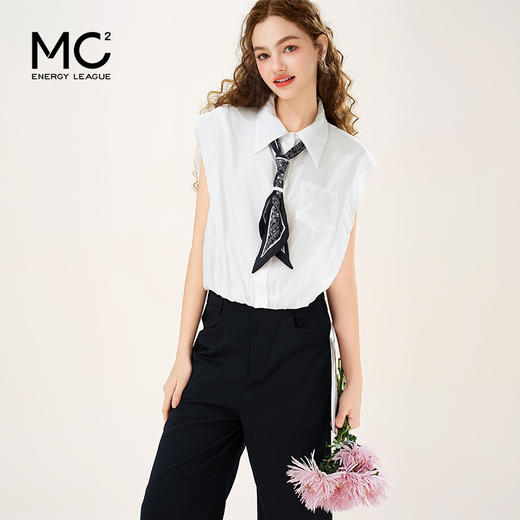 mc2白色翻领无袖衬衣女装夏季新款下摆抽皱时尚洋气设计感赠丝巾 商品图1