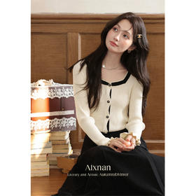 鹿向南「绵绵甜巧」杏色修身针织衫女早秋显瘦撞色高级感长袖上衣L56731