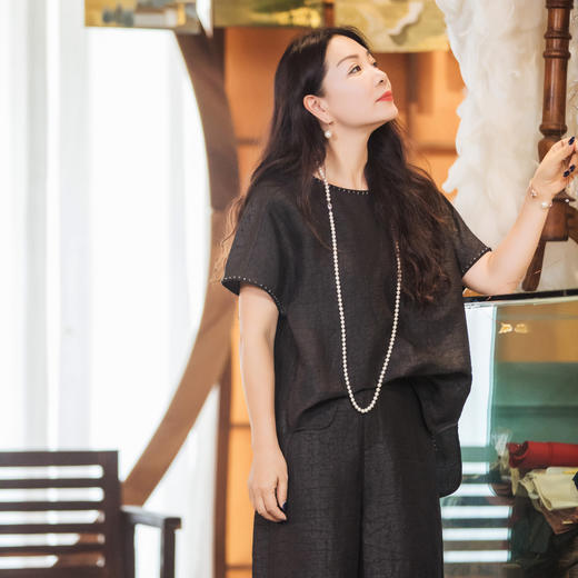 【林栖设计小店】（现货）【非遗香云纱】桑蚕丝衬衣手工串珠2025秋季新款短袖上衣T1953242 商品图0
