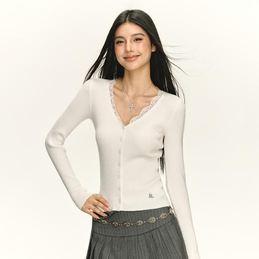 Ariseism 美式复古设计感拼接蕾丝花边薄款针织开衫 商品图0