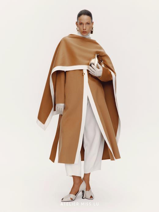 【佛罗伦萨街景】老钱风撞色设计围巾一体绵羊毛大衣 商品图1