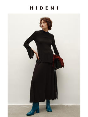 HIDEMI 进口顶级氨纶混纺纤维超顺滑弹力鱼尾袖极简立领拼接设计感纸片人上衣半裙伞裙套装