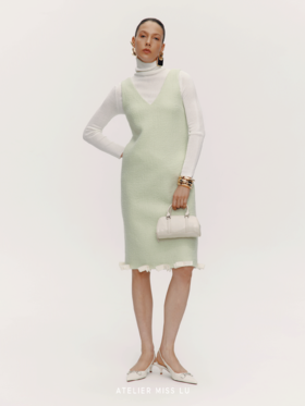 【大溪地花园】书页蝴蝶结拼接绵羊毛长款无袖连衣裙