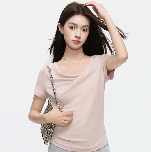 韩系不规则荡领露肩短袖T恤1689 显瘦气质上衣 夏季百搭 商品图3