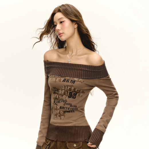 Ariseism 美式复古设计感一字肩毛衣女秋季新款显瘦上衣 商品图3