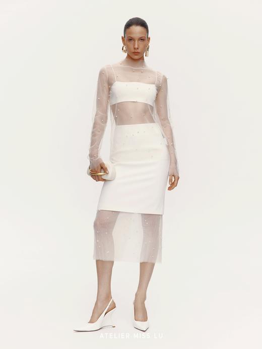 【珍珠女王】珍珠点缀纱纱拼接直身半裙 商品图1