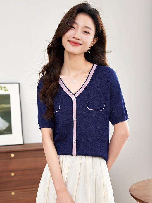 【专属特价】熙世界夏款优雅针织衫女知性优雅舒适针织短袖衫 商品图1