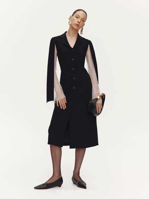 【帕特农暮纱】珍珠点缀纱袖开衩飘袖西装连衣裙 商品图2