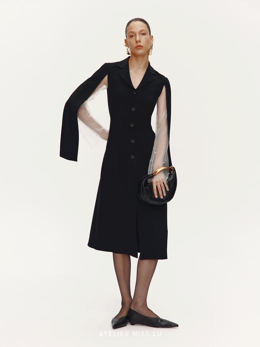 【帕特农暮纱】珍珠点缀纱袖开衩飘袖西装连衣裙 商品图1