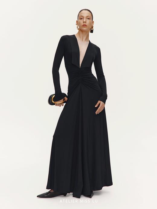 【直抵星辰】珍珠点缀纱纱深V领大摆A字长袖礼服裙 商品图1