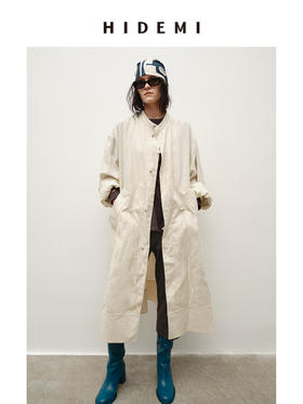 HIDEMI 进口百分百雨露亚麻超大版型大廓形可拆卸帽抽绳设计感长款慵懒时髦风衣
