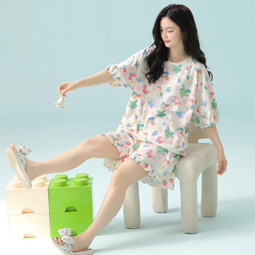 芬腾睡衣女夏季纯棉短袖女款可爱休闲大码薄款透气中袖家居服套装 商品图3