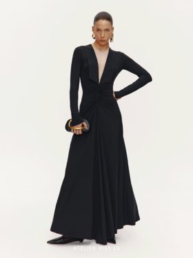 【直抵星辰】珍珠点缀纱纱深V领大摆A字长袖礼服裙