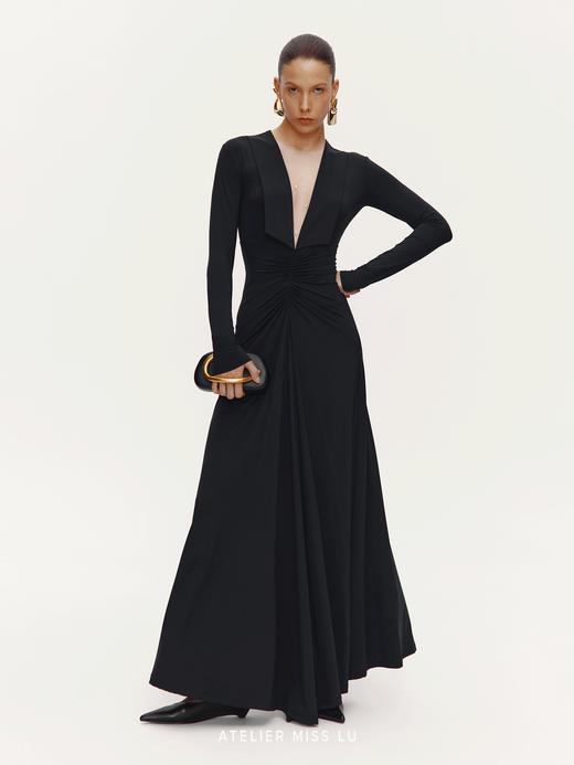 【直抵星辰】珍珠点缀纱纱深V领大摆A字长袖礼服裙 商品图0