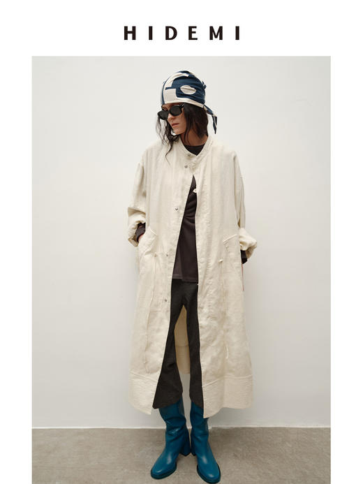 HIDEMI 进口百分百雨露亚麻超大版型大廓形可拆卸帽抽绳设计感长款慵懒时髦风衣 商品图3