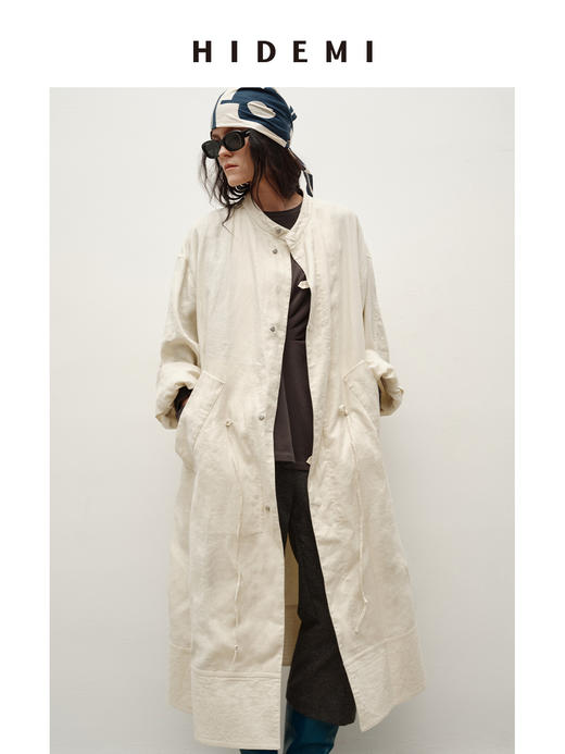 HIDEMI 进口百分百雨露亚麻超大版型大廓形可拆卸帽抽绳设计感长款慵懒时髦风衣 商品图5